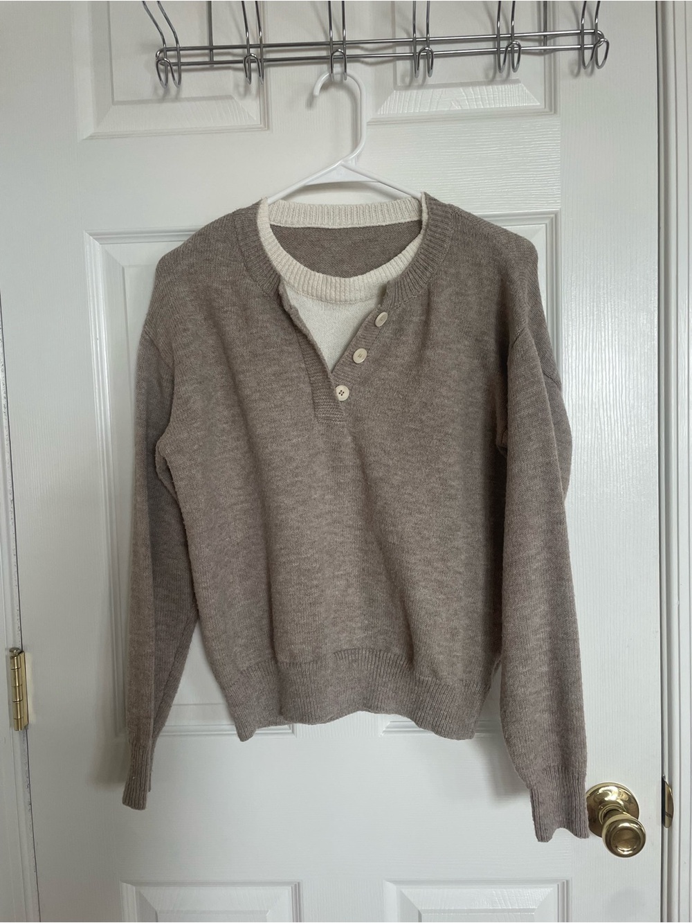 Amazon Women's Taupe Henley Crewneck Sweater with Cream Inner Collar - Picture 2 of 4